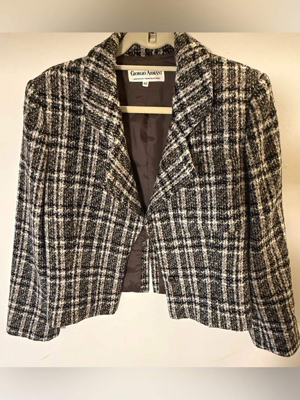 Giorgio ARMANI Black & White Plaid Cropped Wool Jacket Vintage 1980s - Picture 4 of 16